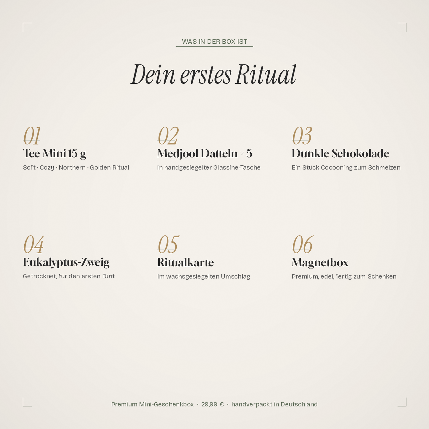 Was in der KASSY Premium-Ritualbox ist – 50 g Ritualtee in wiederverwendbarer Premium-Ritualdose, Medjool-Dattelglas, Lindt Excellence Edelbitter, Eukalyptus-Zweig, wachsgesiegelte Ritualkarte, magnetische Premium-Geschenkbox