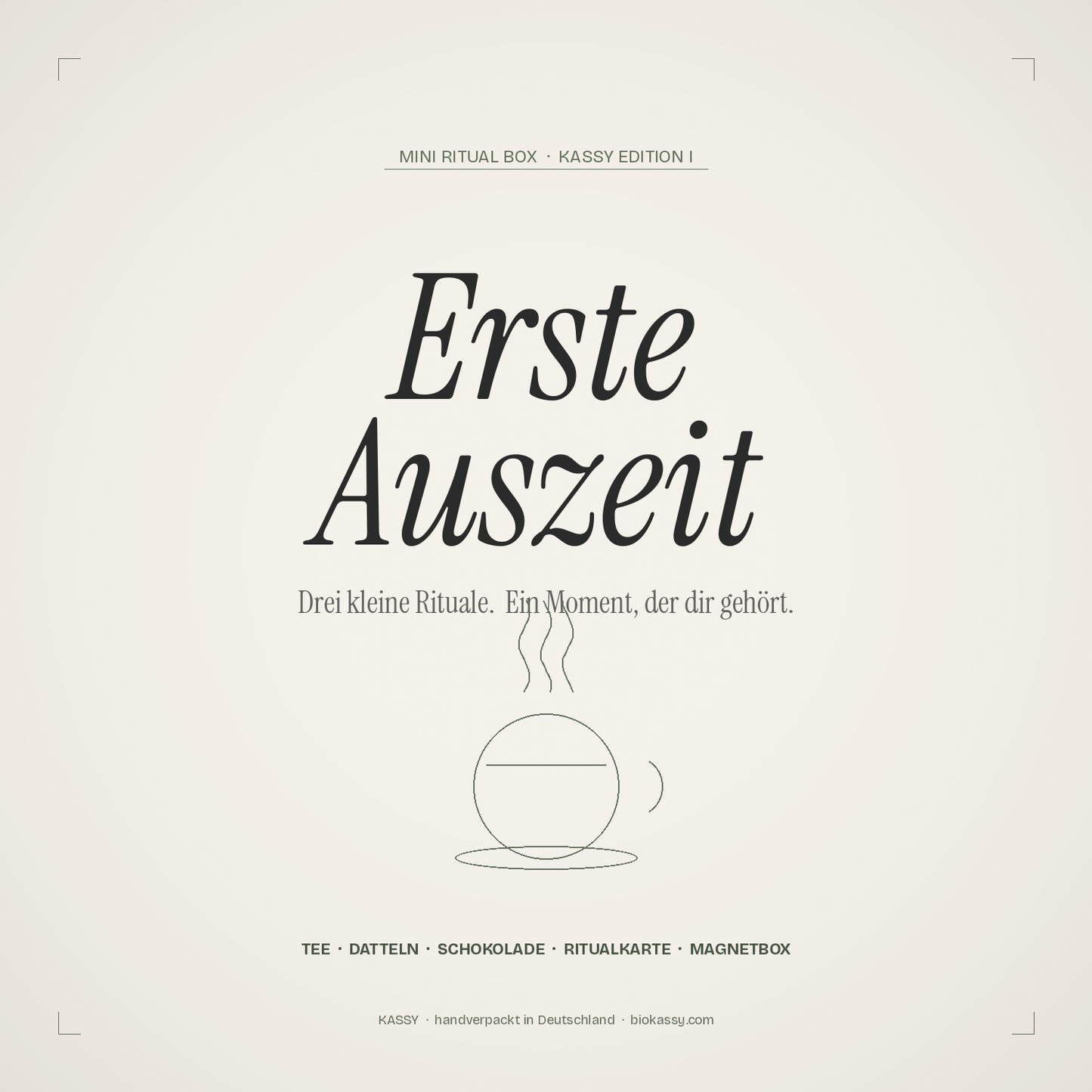KASSY Erste Auszeit – Premium Ritualbox mit 50 g Ritualtee in wiederverwendbarer Premium-Ritualdose, Medjool-Dattelglas und Lindt Excellence Schokolade