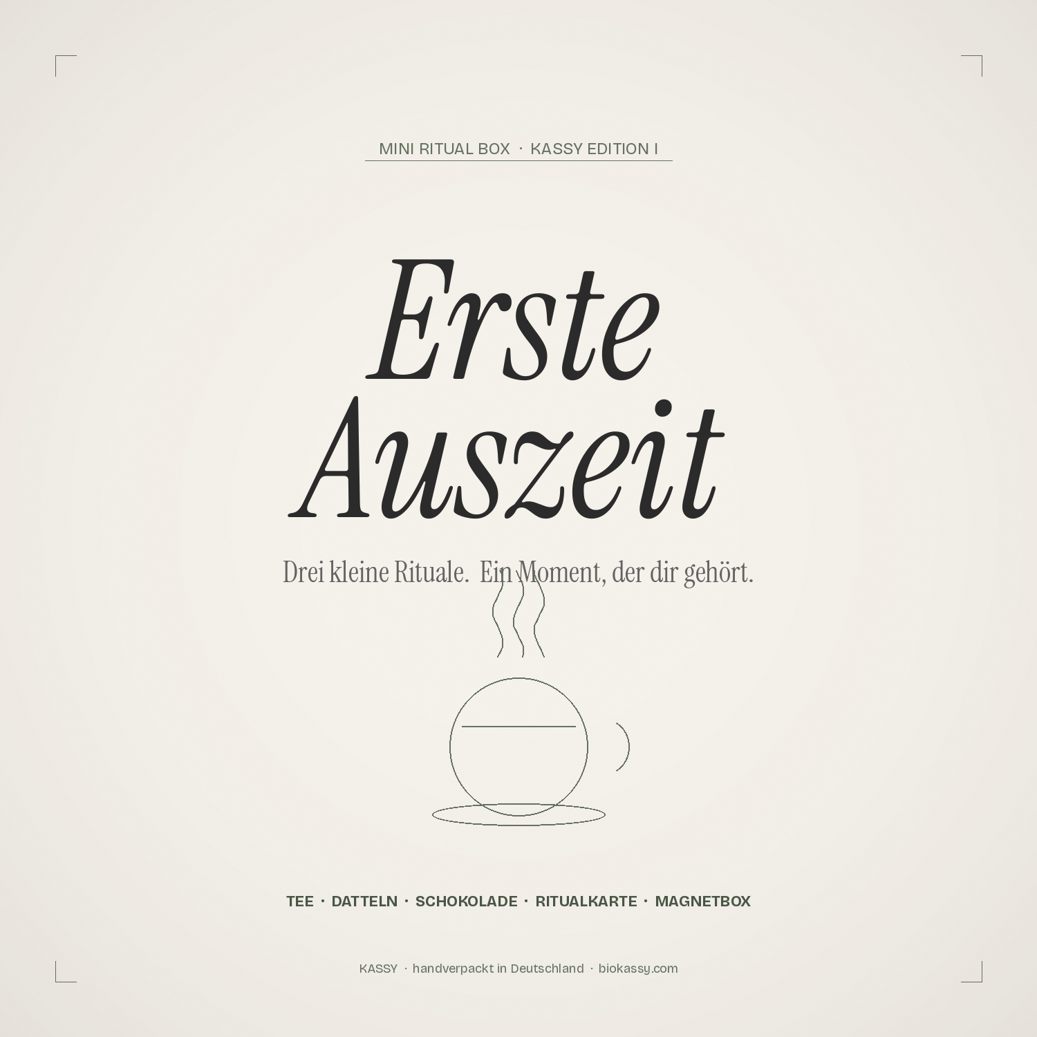KASSY Erste Auszeit – Premium Ritualbox mit 50 g Ritualtee in wiederverwendbarer Premium-Ritualdose, Medjool-Dattelglas und Lindt Excellence Schokolade